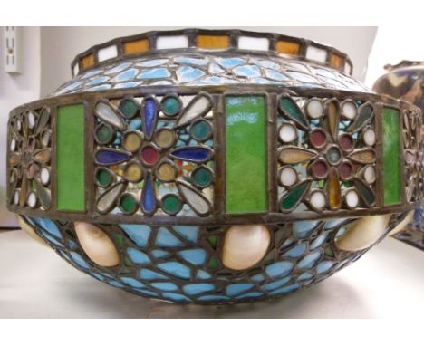 A Webb clear and opaque multi-coloured, leaded glass plafonnier, set with mother-of-pearl, on pendant chains  16''dia
