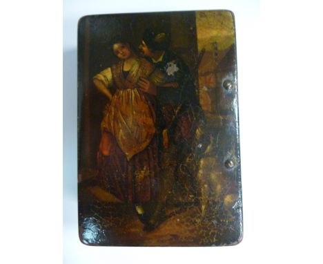 An early 19thC lacquered papier mache snuff box of rectangular design, having a moulded brick effect base and a scene with a 