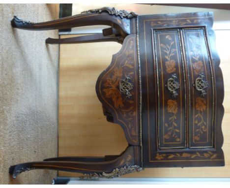 A late 18thC Dutch mahogany and marquetry serpentine front night commode with floral, foliate, bird and urn ornament, the gal