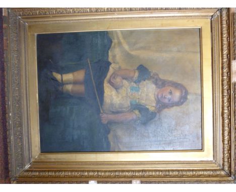 Late Victorian British School - a portrait, a little girl seated with a ball in one hand and a stick in the other  oil on can