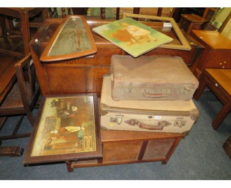 A VINTAGE SUITCASE, RETRO MIRROR, PICTURES ETC