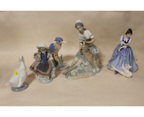 A LLADRO FIGURE OF A GIRL HOLDING A BASKET TOGETHER WITH A ROYAL DOULTON FIGURINE 'LORRAINE', NAO GOOSE AND A NAO FIGURE (BAD