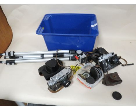 TWO VINTAGE RUSSIAN ZORKI-4 CAMERAS AND ACCESSORIES TO INCLUDE A TRIPOD TOGETHER WITH A WWI BRASS COMPASS