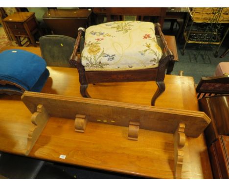 AN EDWARDIAN INLAID PIANO STOOL TOGETHER  WITH A HEAVY PINE SHELF L-126 CM (2)