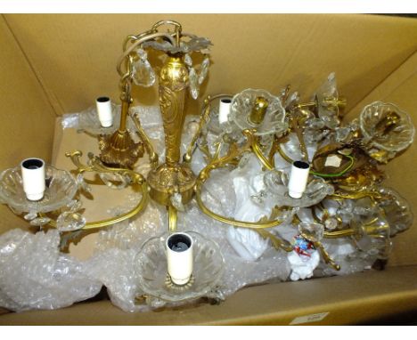 A GILT METAL FIVE BRANCH LIGHT FITTING TOGETHER WITH THREE SIMILAR TWO BRANCH WALL FITTINGS