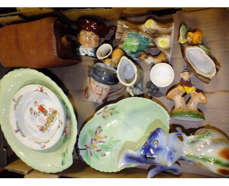 A TRAY OF CERAMICS TO INCLUDE CARLTON WARE, ROYAL DOULTON AND BESWICK CHARACTER JUGS, VINTAGE CONWAY CAMERA ETC.