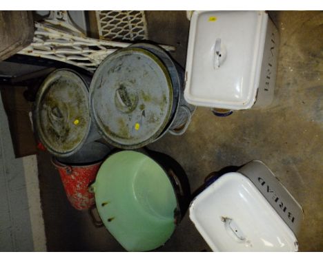 A SELECTION OF METAL AND ENAMEL POTS ETC