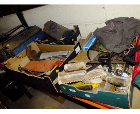THREE TRAYS OF MIXED HAND TOOLS AND PARTS ETC PLUS THREE TOOL BOXES 