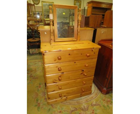 A MODERN PINE FIVE DRAWER CHEST WITH MIRROR - W 81 cm