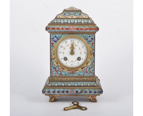 Late 19th Century Cloisonne ware mantel clock, circular white enamelled dial with Arabic numerals, painted with rose garlands