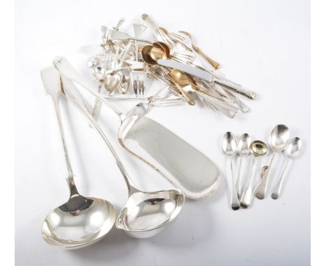 A silver plated fiddle pattern soup ladle, a contemporary punch ladle, crumb scoop, plated flatware, sugar tongs and six silv