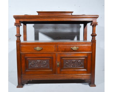 Victorian walnut buffet, carved  gallery back, moulded rectangular top, raised on carved and turned columns forming an open s