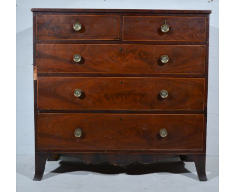 Late Victorian mahogany chest of drawers, two short above three long, with classical mask brass pulls, on bracket feet, W108c