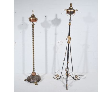 Arts and Crafts copper and brass standard lamp, barley twist columns, embossed base on three claw feet, converted to electric
