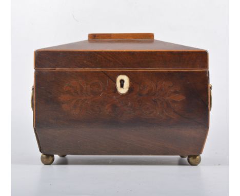 Victorian mahogany tea caddy, sarcophagus shape, ring handles, bun feet, 24cm.