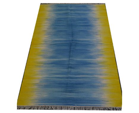 Indian Kilim rug, contemporary blue and yellow design, 190 x 130cm.