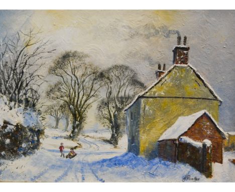 John Poole, acrylic on board, Snowy landscape with children tobogganing, 39  x 52cm, together with a watercolour by the same 