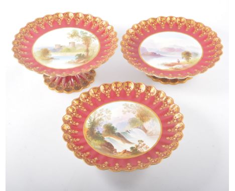 Spode dessert service, each piece hand-painted with a named view, within tooled gilt and jewelled border, comprising eight pl