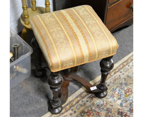 Late Victorian stool, square upholstered top, turned legs joined by shaped stretchers, width 39cm, height 49cm.