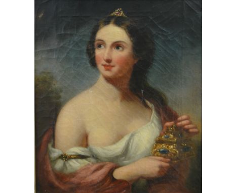 Victorian School, Portrait three quarter length, with a girl holding a casket, oil on canvas, unsigned, 34cm x 29cm.