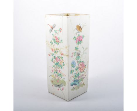 Chinese square-section vase, polychrome decorated with insects and flower, six character seal mark to underside, 27.5cm (AF)