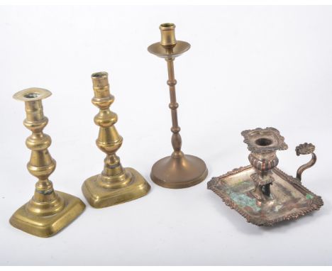 Two trays of brass and silver-plated wares, brass candlesticks, and oil lamp etc, silver-plated tea ware, vases, a silver pho