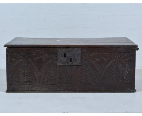 Joined oak Bible box, rectangular boarded top, lunette carved front panel, basically 18th Century, width 64cn, depth 44cm, he