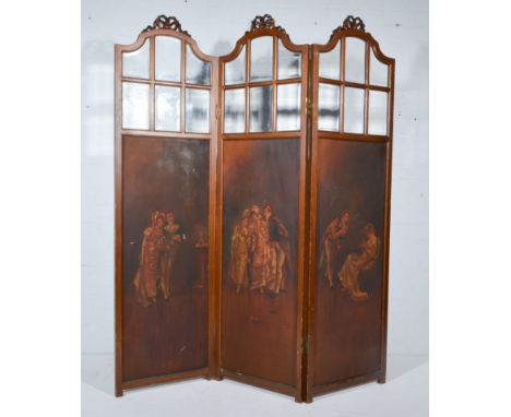 Edwardian three-panel folding screen, beech panel with ribbon tied pediment, six glazed sections above painted panel, height 
