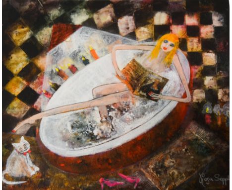 After Rosa Sepple, Cat on the Fiddle, colour print from an Edition of 95, 28 x 37cm and two others, Bathtime Read, 28 x 33cm 