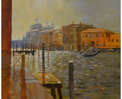 John Haskins, "Silver Light on The Grand Canal", a view of Venice, oil on board 50cm x 60cm, signed bottom right.