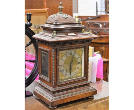 Victorian mahogany cased bracket clock, movement striking on a gong, square brass dial with silvered chapter ring with Roman 
