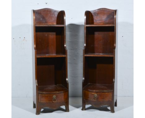 Pair of mahogany narrow waterfall bookshelves, bowfront drawer base, splayed bracket feet, width 33cm, depth 33cm, height 102