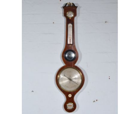 Victorian five-dial barometer with an urn finial, broken swan-neck pediment, silvered and mirrored dials, with boxwood and eb