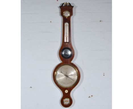 Victorian five-dial barometer with an urn finial, broken swan-neck pediment, silvered and mirrored dials, with boxwood and eb