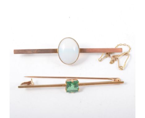 A rose metal bar brooch stamped 9ct and set with a pale oval cabochon cut opal, another bar brooch set with a square cut gree