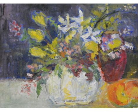Dennis Lucas, Woodlands edge, signed, oil on board, 30 x 22cm, and another oil of flowers in a bowl, (2).