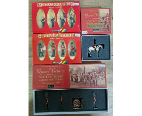 Four boxed sets of Britains lead soldiers; 5991 Scotts Guards colour party with state colour, 40205 Scotts Guards mounted gro