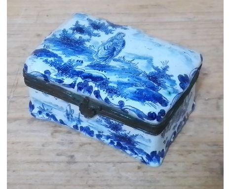A Dutch Delft pottery snuff box or casket, marked 'AK' to base, length 8cm. Condition - good, general wear only.