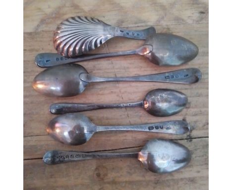 Six assorted Georgian hallmarked silver spoons, including a caddy spoon. 