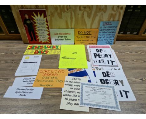 A group of original props from the Peter Kay series 'Phoenix Nights', assorted signs, newspapers &amp; paperwork to iclude 'J