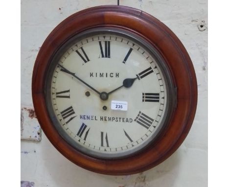 A mahogany cased round fusee wall clock, signed 'Kimich Hemel Hempstead', diameter 41cm.Dimensions:- face is 30cm diameter.