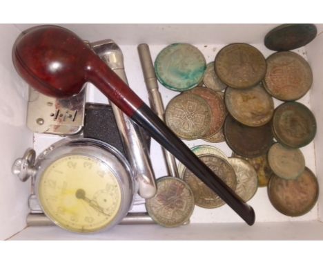 A box of assorted collectables including silver half crowns and other coins, a pocket watch, pipe etc. 