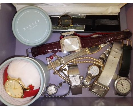 A box of assorted watches including Radley, Accurist, Rotary, Timex etc. 