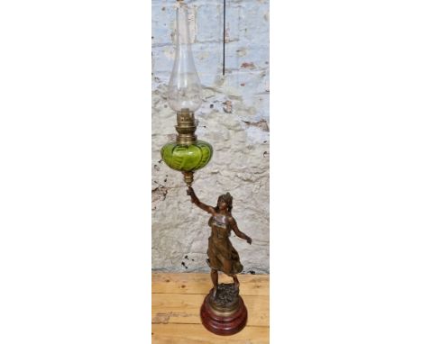 A spelter figural oil lamp with a young lady on circular base, signed Rousseau &amp; plaque marked 'L'OFFRANDE Par Rousseau (