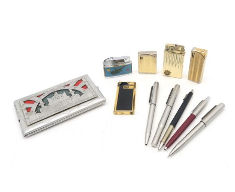 A small collection of vintage cigarette lighters, together with a 1947-dated aluminium cigarette case and five various Parker
