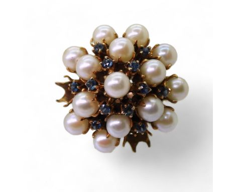 A substantial 14k pearl and blue gem cluster ring, finger size P1/2, weight 7.7gms Condition Report:Two pearls missing