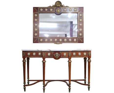 A 20th century reproduction continental style hall table and mirror, mirror with brass ormolu mounts with painted ceramic ron