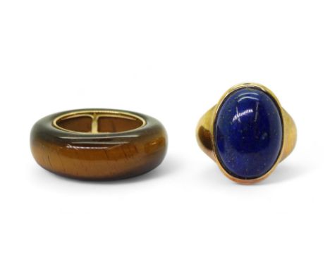 A 9ct gold lapis lazuli ring, size J1/2, together with a tigers eye dome ring with a 9k gold liner, weight together 10gms Con