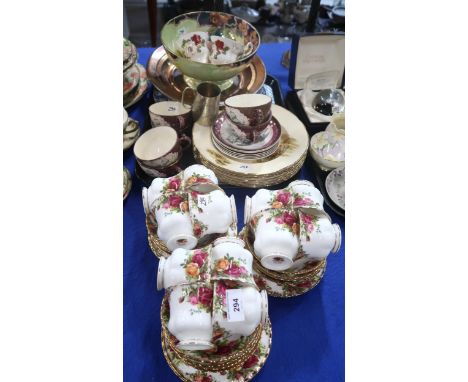 Twelve Royal Albert Old Country Roses trios, Gray's Pottery lustre cups and saucers decorated with galleons and other ceramic