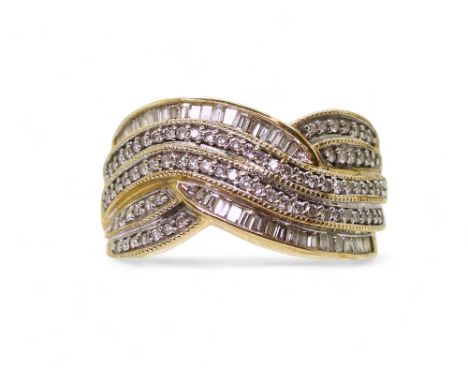 A 9ct gold diamond cluster ring, set with brilliant and baguette cut diamonds, with an estimated approx total of 0.20cts, fin